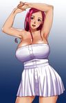  1girl armpits arms_up blue_eyes breasts ganto gradient_background huge_breasts pink_hair white_dress 
