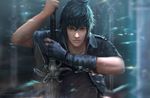  andy_liong artist_name black_gloves blue_eyes blue_hair final_fantasy final_fantasy_xv fingerless_gloves gloves highres jacket male_focus motion_blur noctis_lucis_caelum serious solo sword upper_body weapon wind 