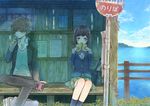  1girl bag black_hair blazer blush book bow bowtie bus_stop cloud commentary covering_mouth crossed_legs day drinking drinking_straw fence gakuran grass green_eyes holding holding_book horizon jacket juice_box kuroyuki light_brown_hair long_hair looking_at_another looking_away looking_to_the_side muted_color original plaid plaid_skirt plant poster_(object) reading school_bag school_uniform shoes sign sitting skirt sky sneakers vines water 