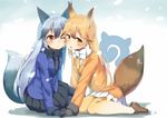  animal_ears black_bow black_gloves black_hair black_legwear black_neckwear black_shirt black_skirt blonde_hair blush bow bowtie cheek-to-cheek commentary_request ezo_red_fox_(kemono_friends) fox_ears fox_tail fur_trim gloves grey_hair hair_between_eyes highres jacket japari_symbol kemono_friends loafers long_hair long_sleeves looking_at_viewer multicolored_hair multiple_girls necktie one_eye_closed open_mouth pantyhose pleated_skirt purple_jacket purple_neckwear sekira_ame shirt shoes silver_fox_(kemono_friends) sitting skirt tail wariza white_bow white_neckwear white_shirt white_skirt yellow_eyes yellow_jacket yellow_neckwear yokozuwari 