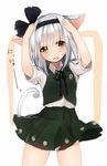  absurdres animal_ears arms_up black_hairband blush cat_ears cat_tail commentary_request fang flat_chest gijxgij green_eyes hairband highres kemonomimi_mode konpaku_youmu looking_at_viewer open_mouth puffy_sleeves ribbon shirt short_hair short_sleeves silver_hair simple_background skirt skirt_set solo tail text_focus touhou vest white_background 