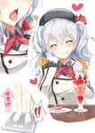  beret blush bow closed_eyes collared_shirt commentary_request eating epaulettes food fork fork_in_mouth frilled_sleeves frills fruit gloves grey_shirt hand_on_own_cheek hat heart highres holding holding_fork ice_cream igakusei jacket kantai_collection kashima_(kantai_collection) long_hair long_sleeves looking_at_viewer multiple_views open_mouth parfait pocky shirt silver_hair simple_background smile strawberry sundae twintails wafer_stick weighing_scale weight_conscious white_gloves white_jacket 