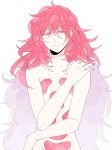  1other androgynous colored_eyelashes crystal_hair eeennnka eyebrows_visible_through_hair gem hair_between_eyes houseki_no_kuni light_smile long_hair looking_at_viewer nude padparadscha_(houseki_no_kuni) red_eyes red_hair smile solo very_long_hair wavy_hair white_background 