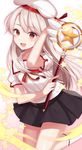  :d black_skirt blush bow fate/kaleid_liner_prisma_illya fate_(series) hat highres illyasviel_von_einzbern izumo_neru magical_ruby open_mouth red_bow red_eyes red_ribbon ribbon skirt smile solo thighhighs wand white_hair white_legwear 