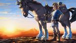  belt blonde_hair blue_eyes blue_shirt blue_sky boots brown_footwear brown_gloves cloud commentary day earrings fingerless_gloves full_body gloves hand_on_hip highres horse jewelry link looking_away male_focus official_art outdoors pants planted_sword planted_weapon pointy_ears sheath sheathed shirt sidelocks sky standing sunset sword the_legend_of_zelda the_legend_of_zelda:_breath_of_the_wild tied_hair weapon 