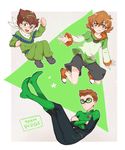  2boys arm_up bodysuit brown_eyes brown_hair clenched_hand crossed_arms darrell_stoker floating glasses goggles hairband hyakujuu-ou_golion looking_at_viewer multiple_boys namesake pidge_gunderson ponzu_(beetle_burner) reverse_trap round_eyewear scarf series_connection shoes short_hair shorts smile sneakers square star suzuishi_hiroshi triangle voltron:_legendary_defender voltron_(series) voltron_force 