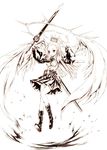  agina_centralspirit angel_wings arms_up belt boots crown detached_sleeves eternity_sword_series flying halo highres hitomaru knee_boots long_hair monochrome official_art sheath shirt skirt solo sword weapon wings yuukyuu_no_euphoria 
