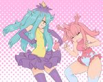  :o ahoge aqua_eyes aqua_hair blush_stickers clenched_hands closed_eyes corsola covered_navel drawfag error fang flat_chest gen_2_pokemon gen_7_pokemon gloves hair_pull highres horn leotard long_hair mareanie multicolored_hair multiple_girls personification pink_hair pink_leotard pokemon profile purple_gloves purple_hair purple_legwear purple_skirt skirt standing thighhighs two-tone_hair white_legwear white_leotard yellow_leotard yellow_sclera 