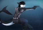  ambiguous_gender anthro armor black_hair clothed clothing day fin fish gun hair holding_object holding_weapon lycangel marine open_mouth outside raining ranged_weapon shark solo teeth weapon 