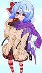  alternate_costume backpack bag bat_wings blue_hair blush bow breath buttons cardigan casual commentary_request contemporary covered_mouth eichi_yuu eyebrows_visible_through_hair gift hair_between_eyes hair_bow hand_in_pocket highres holding kneehighs long_sleeves looking_at_viewer looking_up miniskirt no_hat no_headwear plaid plaid_skirt purple_backpack purple_scarf red_bow red_eyes red_skirt remilia_scarlet scarf simple_background skirt sleeves_past_wrists solo striped striped_legwear touhou wings 