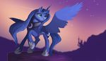  auroriia blue_eyes blue_feathers blue_hair cutie_mark day detailed_background equine feathered_wings feathers feral friendship_is_magic hair hooves horn mammal my_little_pony princess_luna_(mlp) winged_unicorn wings 