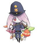  belt chibi hair_over_one_eye hat highres little_witch_academia long_hair m10_(roccay) mushroom no_nose pale_skin police police_hat police_uniform policewoman purple_hair red_eyes rope solo sucy_manbavaran twitter_username uniform 