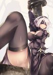  black_dress black_gloves black_hairband black_legwear blindfold breasts cleavage_cutout covered_eyes dress feather-trimmed_sleeves gloves hairband highleg holding holding_sword holding_weapon huge_weapon large_breasts leotard long_sleeves nakatokung nier_(series) nier_automata nipple_slip nipples panties pantyshot pantyshot_(sitting) puffy_sleeves short_hair signature silver_hair sitting solo sword thighhighs underwear weapon weapon_on_back yorha_no._2_type_b 