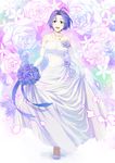  :d ahoge blue_flower blue_hair blue_ribbon blue_rose bouquet commentary dress elbow_gloves floral_background flower full_body gloves highres idolmaster idolmaster_(classic) jewelry long_dress miura_azusa moufu necklace open_mouth petals purple_eyes ribbon rose short_hair skirt_hold smile solo strapless strapless_dress wedding_dress white_flower white_gloves white_rose 