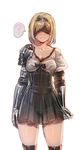  ? arms_at_sides blindfold blonde_hair bow_(bhp) breasts cleavage cosplay djeeta_(granblue_fantasy) fighter_(granblue_fantasy) granblue_fantasy medium_breasts nier_(series) nier_automata see-through skirt skirt_tug solo spoken_question_mark sweatdrop thighhighs thighs white_background yorha_no._2_type_b yorha_no._2_type_b_(cosplay) 