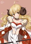  :q ahoge anila_(granblue_fantasy) blonde_hair blush breasts brown_eyes brown_skirt cape cleavage dated gloves granblue_fantasy highres horns long_hair medium_breasts pink_background ragho_no_erika sheep_horns simple_background skirt solo staff tongue tongue_out white_gloves 