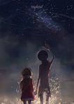  1girl backlighting blurry bokeh brown_hair building city coat commentary constellation cowboy_shot dark deemo deemo_(character) depth_of_field earmuffs from_behind girl_(deemo) highres holding_hands light_particles long_hair looking_up night night_sky pointing pointing_up scarf sishenfan sky song_name star_(sky) stargazing starry_sky 
