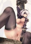  black_dress black_gloves black_hairband black_legwear blindfold breasts censored covered_eyes dress feather-trimmed_sleeves gloves hairband highleg holding holding_sword holding_weapon huge_weapon large_breasts long_sleeves mosaic_censoring nakatokung navel nier_(series) nier_automata nipples puffy_sleeves pussy short_hair signature silver_hair sitting solo sword thighhighs weapon weapon_on_back yorha_no._2_type_b 