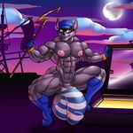  abs anthro balls biceps big_balls big_penis brown_eyes bulge butt cane clothed clothing gloves hat mammal nipples pecs penis pirate_ship raccoon rocket_(artist) ship sly_cooper sly_cooper_(series) solo thong topless underwear vehicle video_games 