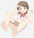  1girl barefoot bra breasts brown_hair feet female full_body grey_background hair_tie hayyan leaning_back looking_at_viewer navel neck_ribbon open_mouth original panties panty_pull pussy ribbon short_hair short_twintails simple_background sitting soles solo strap_slip surprised toes twintails uncensored underwear underwear_only yellow_eyes 