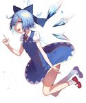  :d blue_bow blue_dress blue_eyes blue_hair bow cirno dress hair_bow highres ice ice_wings mary_janes open_mouth puffy_short_sleeves puffy_sleeves red_footwear red_ribbon ribbon shibainu shoes short_hair short_sleeves smile socks solo touhou v-shaped_eyebrows white_background white_legwear wings 
