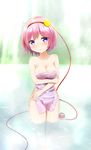  bangs blush breasts cleavage collarbone commentary_request covering cowboy_shot eyeball eyebrows_visible_through_hair hairband heart highres komeiji_satori lake looking_at_viewer medium_breasts nude nude_cover pink_hair purple_eyes short_hair solo sunlight third_eye touhou towel wading yuuforia 
