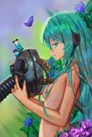  aqua_eyes aqua_hair breasts bug butterfly flower hatsune_miku headphones highres insect long_hair looking_at_viewer mask nude sideboob sk_tori small_breasts solo vocaloid 