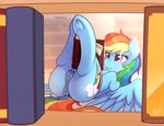  2017 anus blue_feathers book butt cutie_mark dock equine feathered_wings feathers female feral friendship_is_magic hair hi_res hooves inside legs_up lying mammal multicolored_hair my_little_pony on_back pegasus pussy rainbow_dash_(mlp) rainbow_hair ratofdrawn solo underhoof wings 