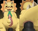  amagi_brilliant_park anal anal_penetration animal_genitalia anus blush butt clothing cum dildo dildo_sitting dinosaur erection eyewear front_view genital_slit glasses horn looking_at_viewer male masturbation necktie open_mouth penetration penis rear_view reptile scalie sex sex_toy simple_background slit smile solo sweat tapering_penis teeth toy triceratops triken winick-lim 