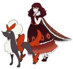  2016 ambiguous_gender brown_eyes brown_hair canine cloak clothing dog dress duo female feral fluffy footwear frilly fur fur_trim furfrou hair half-closed_eyes high_heels human long_hair looking_away mammal nintendo orange_fur pok&eacute;mon pok&eacute;mon_trainer poodle shoes simple_background sweetlemondragon video_games white_fur 