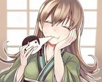  amripo artist_name brown_hair closed_eyes dumpling food hand_on_own_face japanese_clothes kantai_collection kimono kitakami_(kantai_collection) long_hair objectification ooi_(kantai_collection) smile solo upper_body 