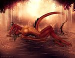  2017 anthro breasts dragon female forest glowing hi_res horn navel nipples nude scalie selianth solo sun tree water waterfall yellow_eyes 