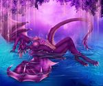  2017 anthro breasts dragon female forest glowing hi_res horn membranous_wings navel nipples nude purple_eyes scalie selianth solo tree water waterfall wings 