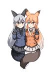  animal_ears black_bow black_gloves black_hair black_legwear black_neckwear black_shirt black_skirt blonde_hair blush bow bowtie ezo_red_fox_(kemono_friends) fox_ears fox_shadow_puppet fox_tail fur_trim gloves grey_hair hair_between_eyes jacket jikyuu_(nekochiru-9) kemono_friends long_hair long_sleeves looking_at_viewer multicolored_hair multiple_girls necktie open_mouth pantyhose pleated_skirt purple_jacket purple_neckwear shirt silver_fox_(kemono_friends) skirt symmetrical_hand_pose symmetrical_pose tail white_bow white_neckwear white_shirt white_skirt yellow_eyes yellow_jacket yellow_neckwear 