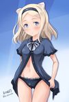  aleksandra_i_pokryshkin animal_ears artist_name babydoll bear_girl black_panties blonde_hair blouse blue_background blue_blouse blue_eyes blue_hairband blush brave_witches closed_mouth cowboy_shot crotch_seam frilled_panties frills gradient gradient_background hairband haruhata_mutsuki kemonomimi_mode light_smile long_hair looking_at_viewer no_pants open_blouse open_clothes panties ribbon self_exposure signature solo standing thigh_gap twitter_username underwear white_ribbon world_witches_series 