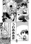  baseball_bat comic greyscale hakama_skirt headband japanese_clothes kaga_(kantai_collection) kantai_collection long_hair monochrome multiple_girls muneate non-web_source page_number shaded_face short_sidetail shoukaku_(kantai_collection) squatting sweatdrop tamago_(yotsumi_works) tasuki tearing_up tears thighhighs translated 