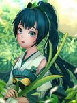  antweiyi black_hair blue_eyes japanese_clothes long_hair looking_at_viewer onmyoji open_mouth outdoors ponytail solo sunlight very_long_hair ying_grass 