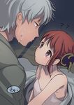  1girl ?? amripo breasts bun_cover cleavage double_bun gintama kagura_(gintama) pout purple_eyes red_hair sakata_gintoki silver_hair small_breasts spaghetti_strap sweat 