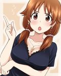  bangs black_shirt breast_hold breasts brown_eyes brown_hair cleavage collarbone earrings eyebrows_visible_through_hair hair_ornament hand_up idolmaster idolmaster_cinderella_girls idolmaster_cinderella_girls_starlight_stage ikari_manatsu index_finger_raised jewelry katagiri_sanae large_breasts long_hair low_twintails necklace open_mouth pink_lips shirt short_hair short_twintails solo twintails upper_body 