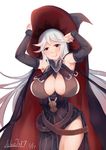  bare_shoulders blush breasts brown_eyes cleavage dated detached_sleeves granblue_fantasy highres huge_breasts light_smile long_hair looking_at_viewer lslee magisa_(granblue_fantasy) parted_lips silver_hair simple_background smile solo thighs white_background 