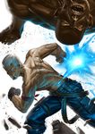  ameen_naksewee armband bald black_gloves bryan_fury closed_eyes constricted_pupils craig_marduk debris gloves grin highres male_focus multiple_boys muscle open_mouth punching rock scar scar_across_eye shirtless smile tekken tekken_6 white_hair 