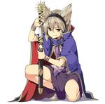  blonde_hair bracer cape drawing_sword earmuffs hasebe_yuusaku holding holding_sword holding_weapon looking_at_viewer pointy_hair sandals sheath simple_background skirt smirk solo squatting sword tabi touhou toyosatomimi_no_miko unsheathing weapon white_background yellow_eyes 