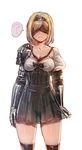  ? arms_at_sides ass_visible_through_thighs black_dress blindfold blonde_hair bow_(bhp) breasts cleavage cosplay djeeta_(granblue_fantasy) dress fighter_(granblue_fantasy) granblue_fantasy highleg highleg_panties medium_breasts micro_panties nier_(series) nier_automata panties see-through side-tie_panties skirt skirt_tug solo spoken_question_mark sweatdrop thighhighs thighs underwear white_background yorha_no._2_type_b yorha_no._2_type_b_(cosplay) 