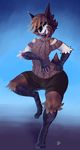  2017 anthro avian barefoot blue_background brown_feathers brown_hair clothing feathers green_eyes hair hand_on_hip hi_res looking_at_viewer male open_mouth raised_leg shorts simple_background solo sweater tongue wide_hips zerolativity 
