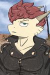  angry_expression arya_(salamikii) clothing dragon female fin green_eyes hair horn jacket leather leather_jacket red_hair salamikii solo 