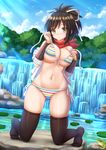  :d armpits asuka_(senran_kagura) bare_shoulders bikini blurry blush breasts brown_eyes brown_hair cleavage closed_mouth collarbone depth_of_field derivative_work embarrassed eyebrows_visible_through_hair frog front-tie_bikini front-tie_top hair_ornament hair_ribbon highres kazenokaze large_breasts legs light_rays looking_at_viewer multicolored multicolored_bikini multicolored_clothes multicolored_stripes navel nose_blush open_mouth ponytail ribbon river rock senran_kagura senran_kagura_shoujo-tachi_no_shin'ei shiny shiny_skin side-tie_bikini skindentation smile solo standing string_bikini striped striped_bikini striped_swimsuit sunbeam sunlight swimsuit thigh_gap thighhighs tied_hair tree water white_ribbon yellow_eyes 