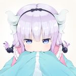  biting biting_clothes blue_eyes blue_shirt blush closed_mouth commentary_request dragon_girl dragon_horns eyebrows_visible_through_hair female_pov from_above hairband horns hug kanna_kamui kobayashi-san_chi_no_maidragon kobayashi_(maidragon) lavender_hair long_hair low_twintails multiple_girls pov sagoshi shirt simple_background twintails white_background 