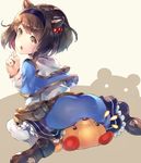  bag brown_hair deecha finger_to_mouth granblue_fantasy handbag headband horns looking_at_viewer looking_back shadow solo stuffed_animal stuffed_toy teddy_bear yaia_(granblue_fantasy) yellow_eyes 