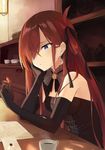  absurdres azuuru bare_shoulders black_gloves blue_eyes bow chin_rest coffee cup earrings elbow_gloves elbow_rest envelope gloves hair_bow hair_over_one_eye highres holding indoors jewelry long_hair novel_illustration official_art red_hair riviere_(riviere_to_inori_no_kuni) riviere_to_inori_no_kuni sleeveless solo steam 