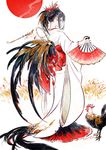  animal bird black_feathers black_hair chicken chinese_zodiac fan feathers full_body hair_ornament highres japanese_clothes kimono long_hair new_year original pipe rooster umishima_senbon year_of_the_rooster 